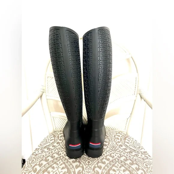 Tommy Hilfiger Black Raised Monogrammed Knee-High Rubber Rain Boots - Picture 2 of 14